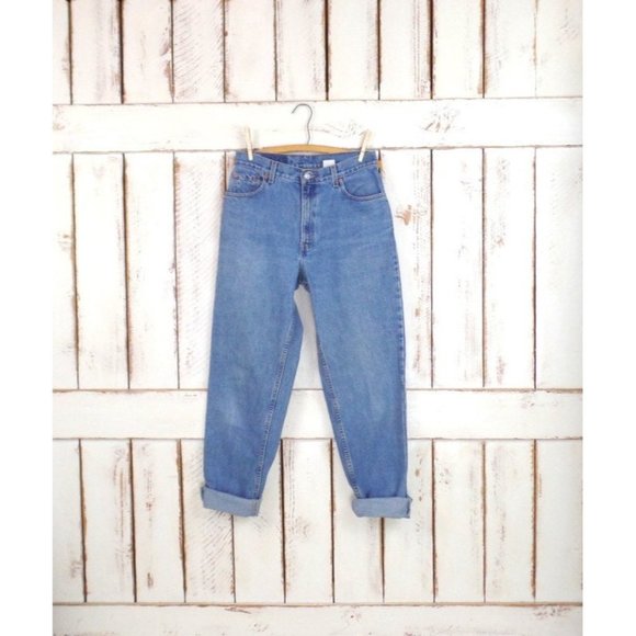 550 zipper fly denim high waisted relaxed tapered leg blue jeans - Picture 1 of 4
